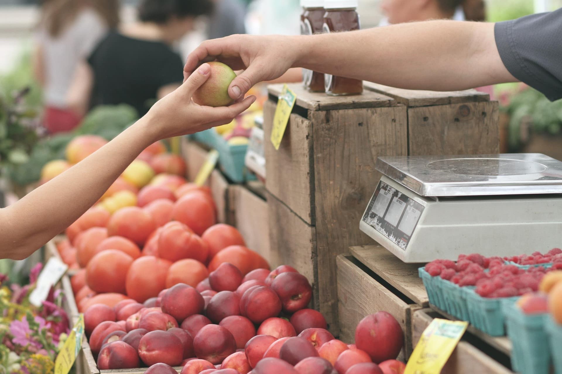 Zwei Hände tauschen einen frischen grünen Apfel über einer bunten Auslage aus reifen Tomaten, Nektarinen und Himbeeren auf einem Marktstand; eine Waage ist sichtbar.